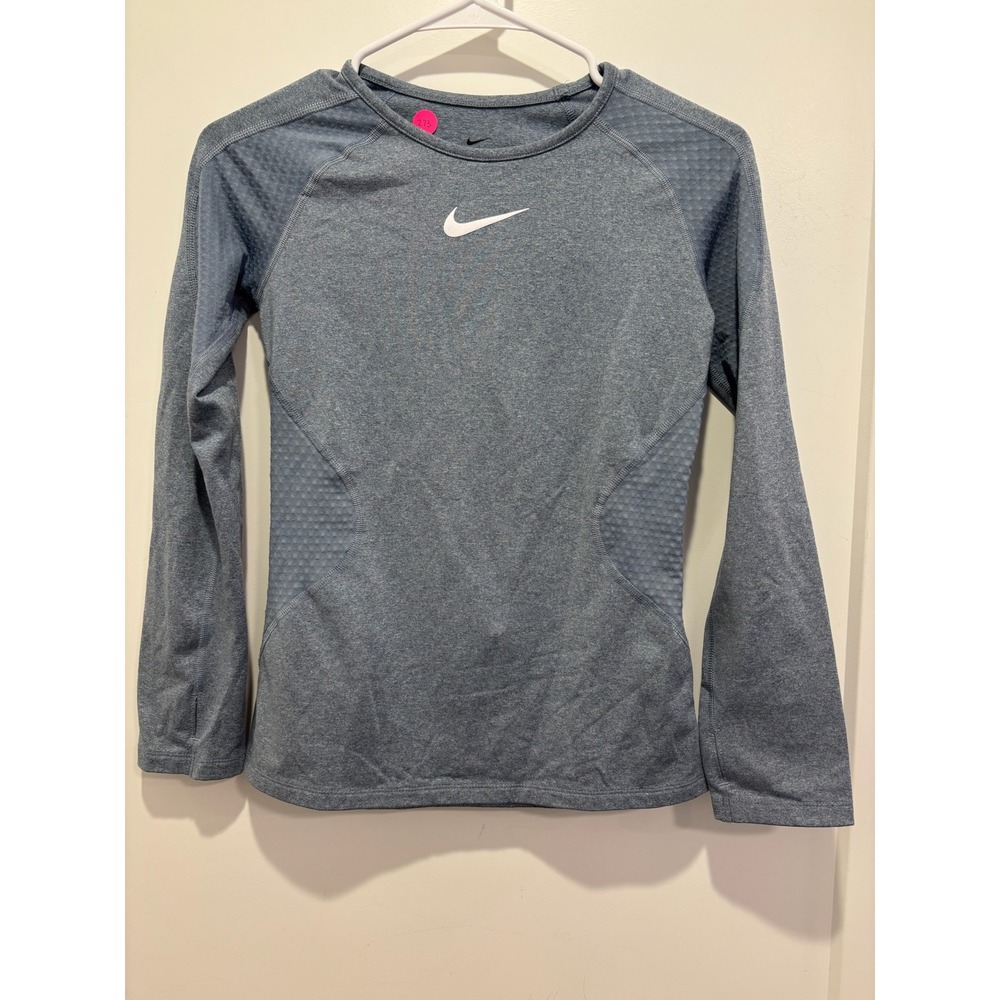 Nike Dri Fit Long Sleeve Compression Center‎ Swoosh Logo Athletic Shirt Blue L